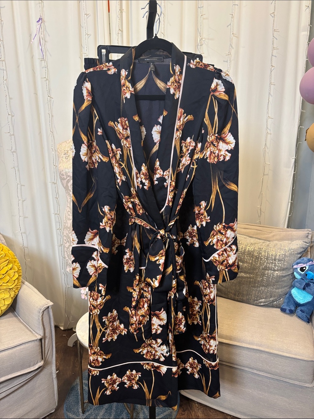 BCBGMaxAzria Black Floral Satin Belted Robe Coat